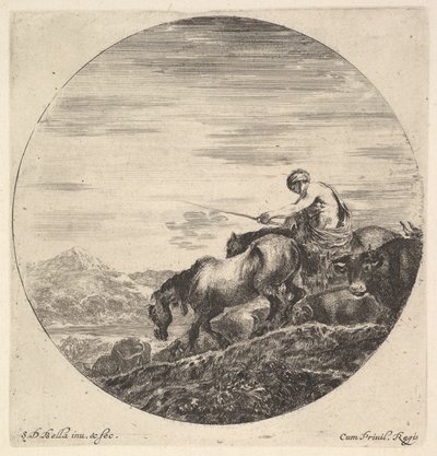Ein Hirte rechts, nach links gewandt, treibt eine Gruppe von Tieren den Hügel hinunter, ca. 1643-48 von Stefano della Bella