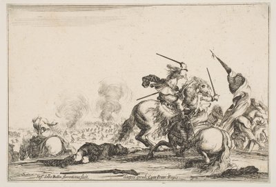 Ein Gefecht, zwei Reiter kämpfen mit Schwertern rechts, Männer mit einer Flagge rennen..., ca. 1645 von Stefano della Bella