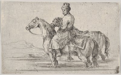 Ein Diener bringt zwei Pferde zum Baden, sitzt auf einem Pferd im Fluss, das andere daneben, ca. 1662 von Stefano della Bella