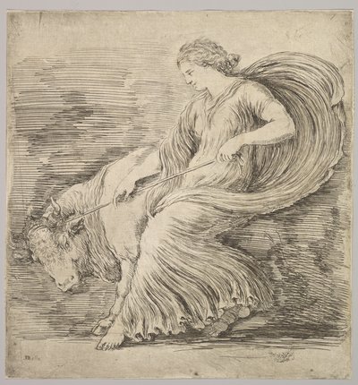 Eine Frau im Profil, die an einem Seil zieht, das um die Hörner eines jungen Stiers gebunden ist, ca. 1660 von Stefano della Bella
