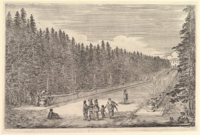 Eine Allee von Brunnen, eine Gruppe von Menschen in der Mitte, ein Mann und ein Hund sitzen rechts von Stefano della Bella
