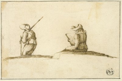 Künstler beim Skizzieren und Soldat, beide von hinten gesehen von Stefano della Bella