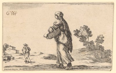 Bäuerin mit Korb in seitlicher Rückenansicht nach links, vor ihr nach links ein Reisender von Stefano della Bella