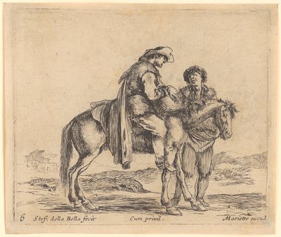Bauer auf einem Pferd, im Profil nach rechts, hinter dem Pferd ein zweiter, stehender Bauer von Stefano della Bella