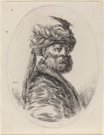 Bärtiger Mohr in einem gefiederten Turban mit Schleier, nach rechts gewandt, 1649-1650 von Stefano della Bella