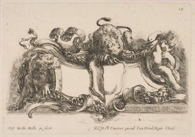 Kartusche mit einem leeren Schild, überragt von einem Löwen und eingerahmt von einem Löwen und einem Kind, 1646 von Stefano della Bella