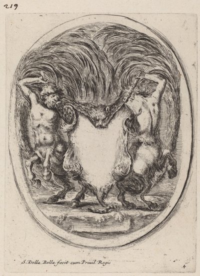 Kartusche in Form eines gehäuteten Tigers, unterstützt von Kentauren, 1647 von Stefano della Bella