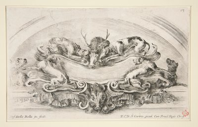Kartusche mit Hunden, Hirsch und Wildschweinkopf von Stefano della Bella