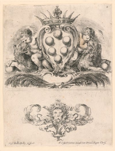 Wappen des Großherzogs der Toskana: Ornament mit einer Löwenmaske, Nr. 6 aus "Raccolta di varii cappriccii et nove inventioni di cartelle et ornamenti" von Stefano della Bella