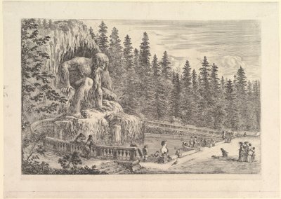 Kolossale Statue des Appenino von Giambologna links, dargestellt als riesiger Kauer..., ca. 1653 von Stefano della Bella