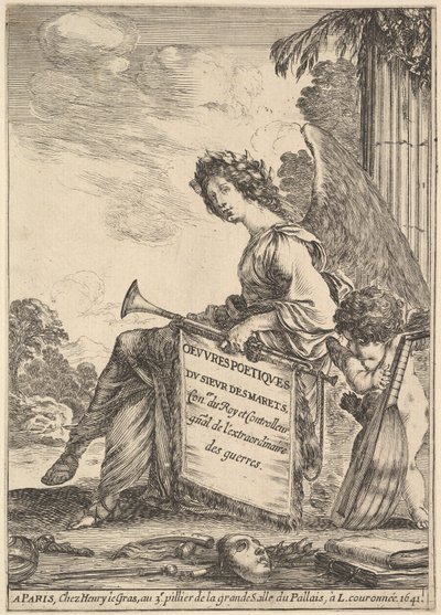 Frontispiz für Gedichte von Desmarets Oeuvres poétiques de Desmarets: eine geflügelte Frau von Stefano della Bella