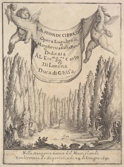 Frontispiz für Der Zypressenwald La selva di cipressi: zwei Putti halten einen Wandteppich..., 1640 von Stefano della Bella