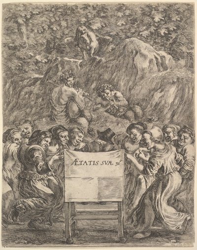 Frontispiz für Die Werke von Scarron, der Dichter sitzt in einem Stuhl..., 1649 von Stefano della Bella