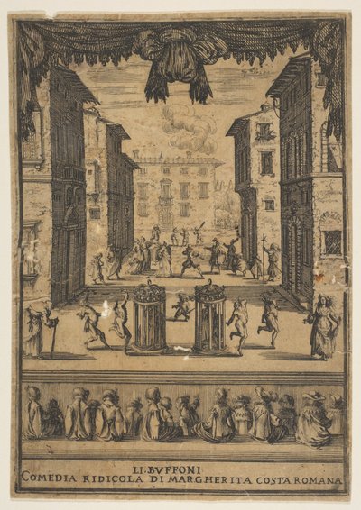 Frontispiz für die Komödie Die Buffonen Li Buffoni, eine Bühnenkulisse ähnelnd..., ca. 1639 von Stefano della Bella