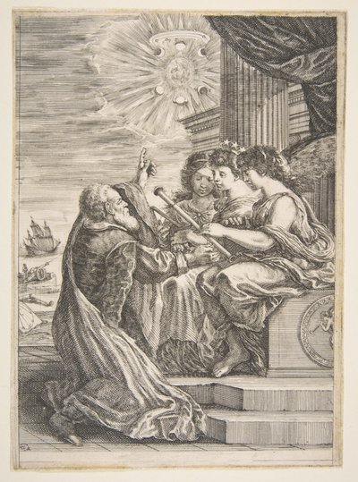 Galileo und Personifikationen der Astronomie, Perspektive und Mathematik, Frontispiz von Stefano della Bella