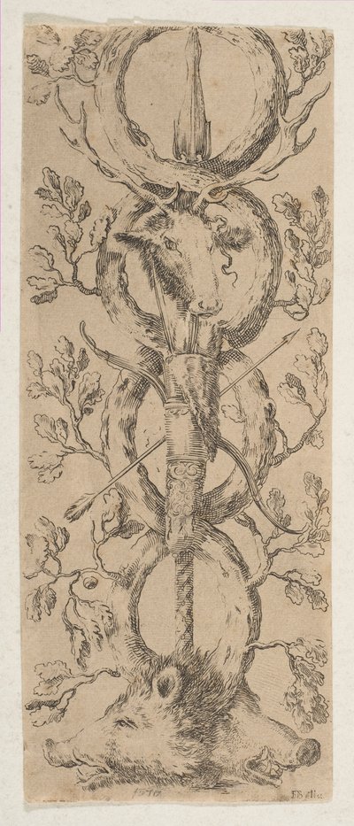 Köpfe eines Hirsches und zweier Wildschweine in Rinceaux aus Eichenästen, ca. 1653 von Stefano della Bella