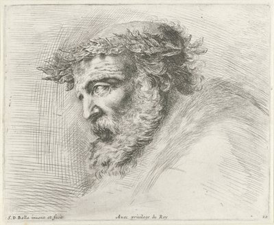 Kopf eines alten Mannes mit Bart und Lorbeerkranz, im Profil nach links von Stefano della Bella