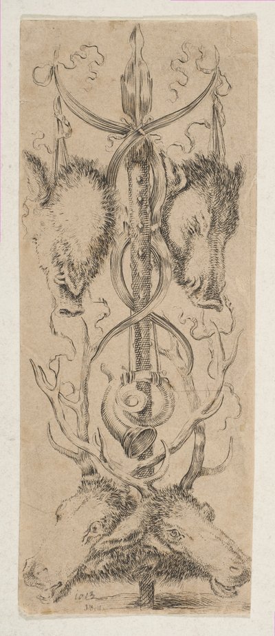Jagdtrophäe mit Hirschköpfen unten, ca. 1653 von Stefano della Bella
