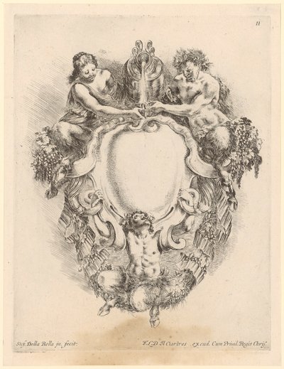 Kartusche mit drei Satyrn und einem Weinkrug von Stefano della Bella