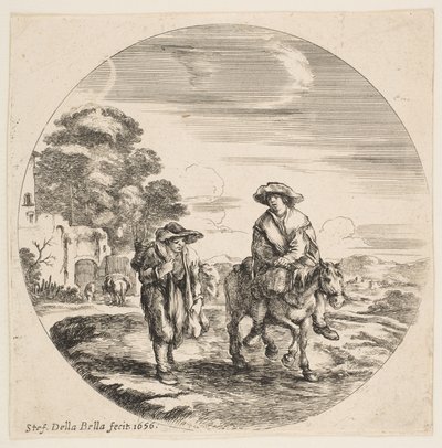 Landschaft mit zwei Bauern, einer reitet auf einem Pferd, aus Landschaften und Seehäfen Paysages ..., 1656 von Stefano della Bella