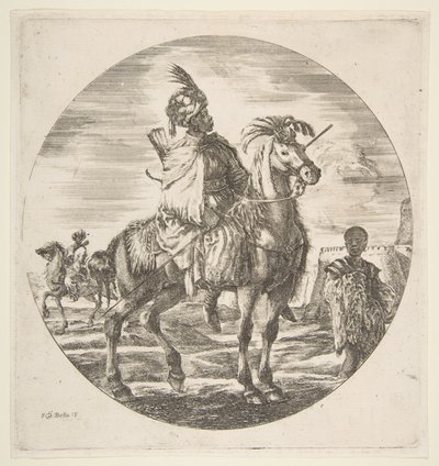 Maurischer Reiter im Profil nach rechts, ein schwarzer Sklave hält rechts einen Pelz, ein anderer ... von Stefano della Bella
