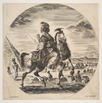 Maurischer Reiter im Profil nach rechts, im Hintergrund eine Pyramide links, viele Figuren, ca. 1651 von Stefano della Bella