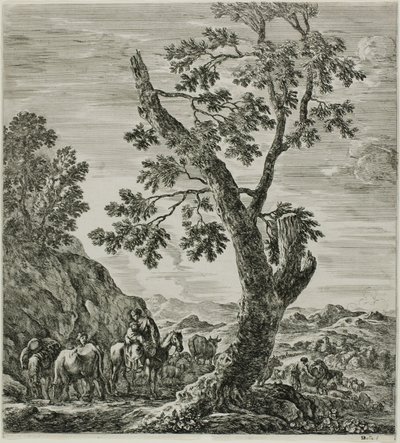 Reitende Bäuerin mit einem Kind in den Armen, Platte sechs aus Die sechs großen Ansichten von Rom und der Campagna von Stefano della Bella