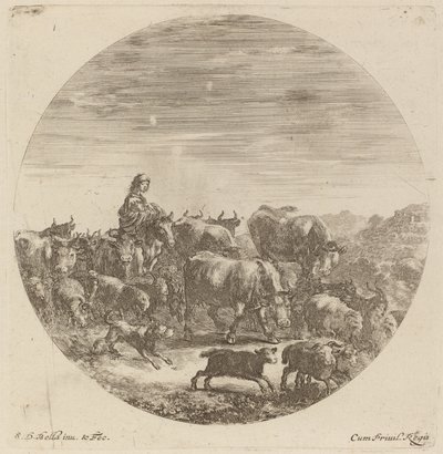 Bauer auf einem Pferd mit Kühen, Schafen und Ziegen von Stefano della Bella