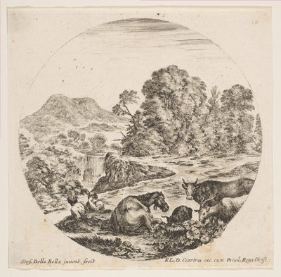 Tafel 10: ein liegendes Pferd in der Mitte, eine Kuh und zwei Ziegen rechts, zwei sitzende Schäfer..., ca. 1646 von Stefano della Bella
