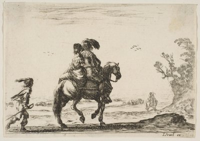Reiter und Frau, von hinten gesehen, reiten nach rechts mit einem jungen ..., 1642 von Stefano della Bella