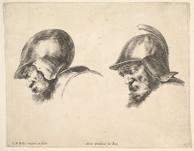 Platte 10: zwei Köpfe alter Soldaten mit Helmen, beide nach links blickend und nach unten schauend..., ca. 1641 von Stefano della Bella