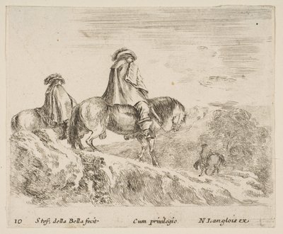 Platte 10: zwei Reiter steigen links einen Berg hinab, ein weiterer Reiter rechts..., ca. 1644-47 von Stefano della Bella