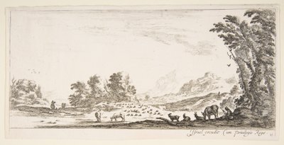 Platte 11: Schäferin sitzt rechts unter einem Baum und beobachtet ihre Herde links, ca. 1641 von Stefano della Bella