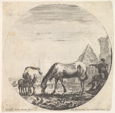 Die Pyramide des Caius Cestius rechts im Hintergrund, ein Pferd grast, ca. 1643-48 von Stefano della Bella