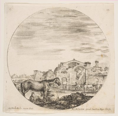 Tafel 12: ein schlafender Hirte auf dem Boden rechts, drei Pferde links, andere Pferde, ca. 1646 von Stefano della Bella