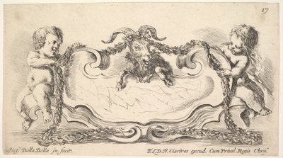 Kartusche mit Marmormitte, ein Säugling auf jeder Seite hält einen Kranz ..., 1646 von Stefano della Bella