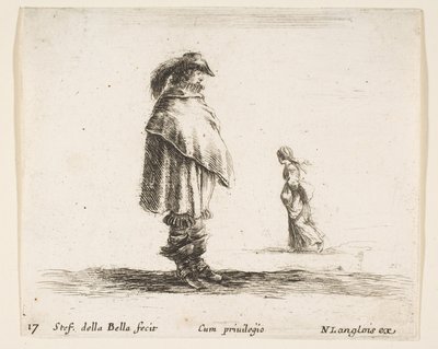 Platte 17: Ein Mann mit Federhut nach rechts gewandt, eine Frau geht auf ihn zu von Stefano della Bella