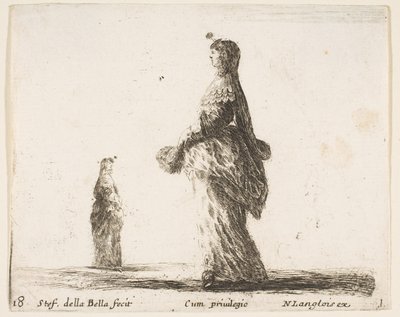 Tafel 18: eine Adlige, die nach links mit einem Federfächer geht, eine andere Frau, ca. 1644-47 von Stefano della Bella