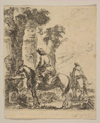 Landschaft mit einem Reiter, der sein Pferd an einem Brunnen tränkt, aus Various fi..., ca. 1646 von Stefano della Bella