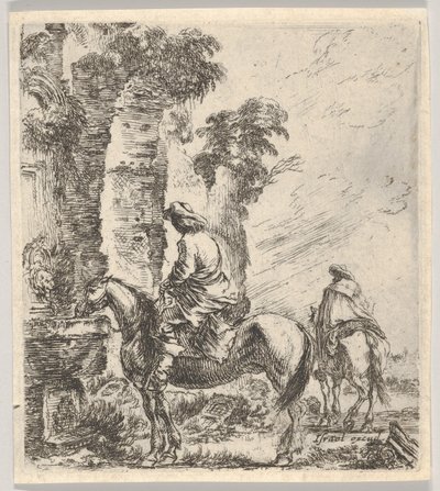 Reiter lässt sein Pferd aus einem Brunnen trinken von Stefano della Bella