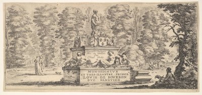 Platte 1: ein Denkmal mit Statuen und einem Wappen in der Mitte, ein Zeichner auf dem..., ca. 1641 von Stefano della Bella
