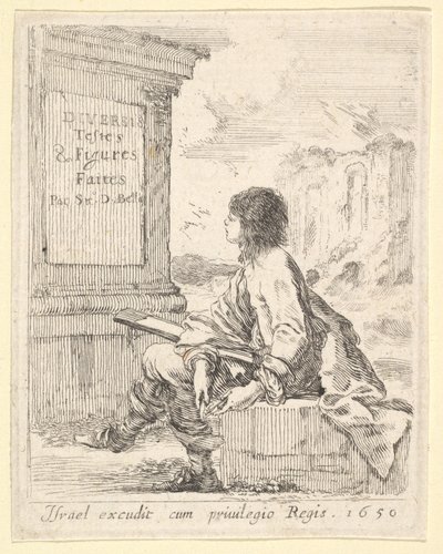 Tafel 1: Ein junger Mann sitzt auf einem Stein, nach links im Profil, hält ein Zeichenbrett von Stefano della Bella