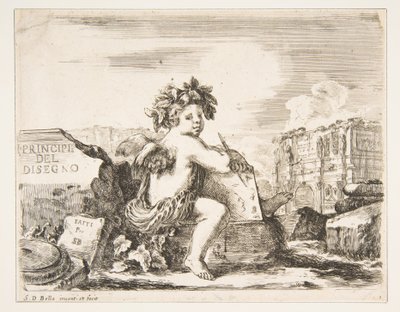 Tafel 1: das Genie des Zeichnens, ein Kind mit Flügeln, das auf einem Felsen in der Mitte sitzt, ca. 1641-43 von Stefano della Bella