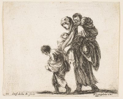 Tafel 22: eine Bettlerin mit drei Kindern, ein Kind auf ihren Schultern (ca. 1644-47) von Stefano della Bella