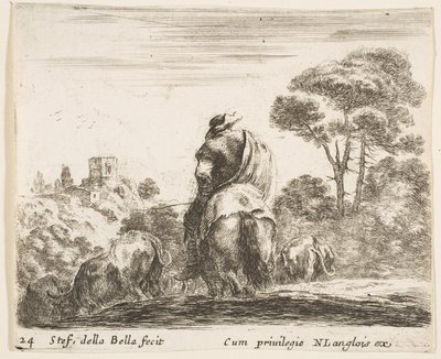 Tafel 24: Hirte auf einem Pferd, von hinten gesehen, führt sein Vieh einen Hügel hinunter, ca. 1644-47 von Stefano della Bella