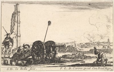 Tafel 2: Eine Kanone links, eine Stadt im Hintergrund, aus Verschiedene militärische Capric..., ca. 1641 von Stefano della Bella