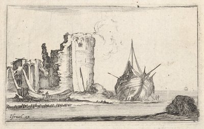 Schiff rechts und Ruderboot links, an Land gespült, Turm in Ruinen von Stefano della Bella