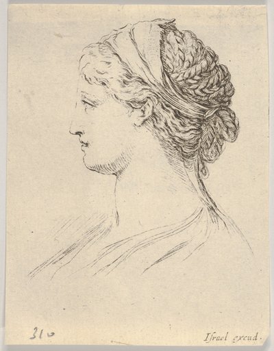 Tafel 3: Kopf einer Frau mit geflochtenem Haar, im Profil nach rechts gedreht, aus Verschiedene ..., 1650 von Stefano della Bella