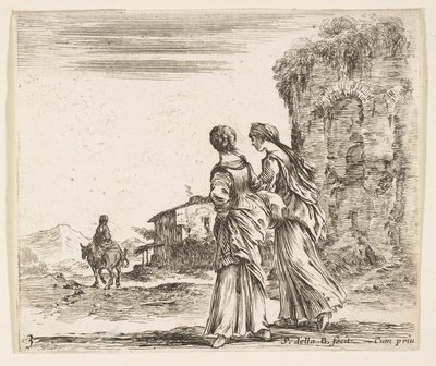 Tafel 3: zwei Mädchen gehen nach links, von hinten gesehen, eine Frau auf einem Pferd von Stefano della Bella