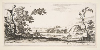 Tafel 3: zwei Reiter überqueren einen Fluss nach rechts, eine Frau mit zwei Körben auf einem Esel, ca. 1641 von Stefano della Bella